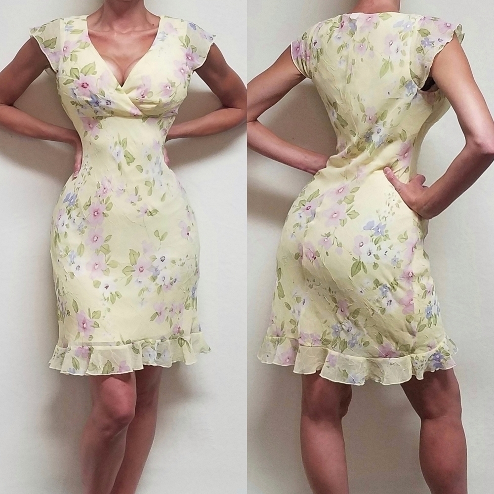Vintage City Triangles Yellow Pink Floral Ruffle Flutter Sleeve Chiffon Dress M